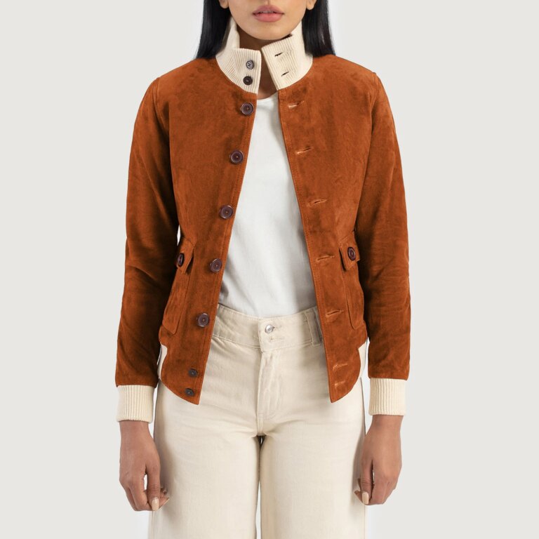 Women Sasha A1 Brown Suede Bomber Jacket Open Front-4-1720090273646